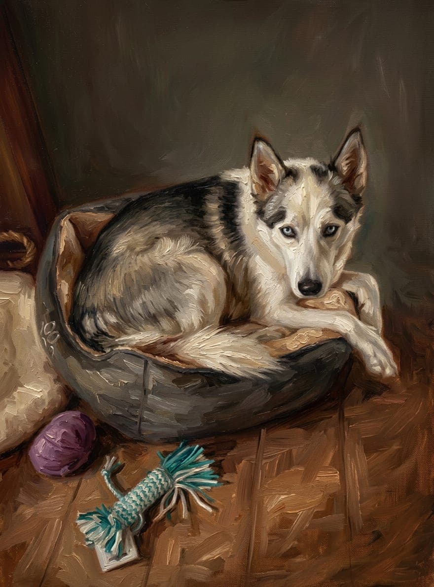 The same dog as a oil painting portrait